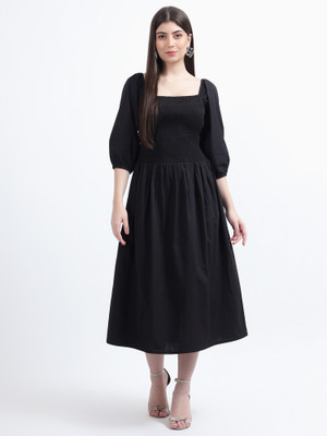 DRAPE AND DAZZLE Women Fit and Flare Black Midi/Calf Length Dress