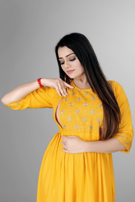 sheladiya Women Fit and Flare Yellow Midi/Calf Length Dress