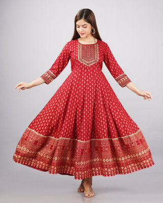 PRISTYLE Women Floral Print Flared Kurta(Maroon)