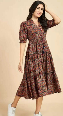 Clothmagnet Women Fit and Flare Brown Midi/Calf Length Dress