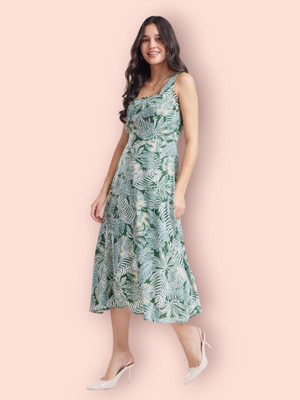 KAUTAQI Women Ethnic Dress Green Midi/Calf Length Dress