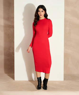 SASSAFRAS Women Bodycon Red Midi/Calf Length Dress