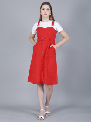 Codaisy Women Pinafore Red Knee Length Dress