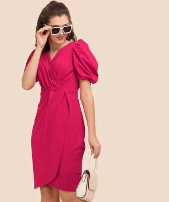 Lyublyu Women Wrap Pink Above Knee/Mid Thigh Length Dress