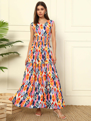 Jash Creation Women Fit and Flare Multicolor Maxi/Full Length Dress