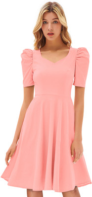 Shoponbit Women Fit and Flare Pink Knee Length Dress