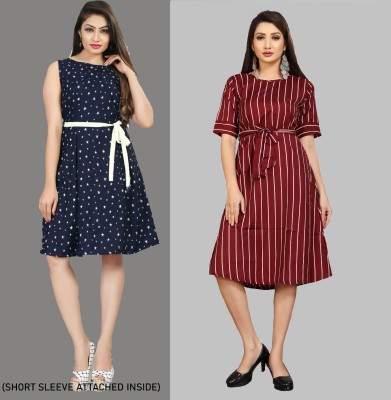 maruti fab Women Fit and Flare Blue, Maroon Dress