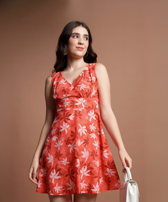 Tokyo Talkies Women Fit and Flare Orange, White Above Knee/Mid Thigh Length Dress