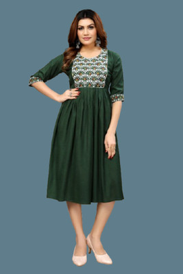Shreeji Fashionn Women Fit and Flare Dark Green Below Knee Dress