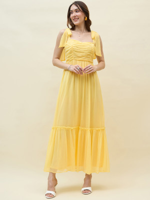 AAYU Women Layered Yellow Maxi/Full Length Dress