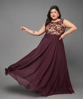 Miss Chase Women Fit and Flare Brown, Maroon Maxi/Full Length Dress
