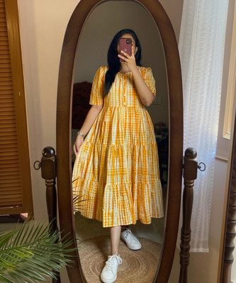 Muskan Fab Women A-line Yellow, White Midi/Calf Length Dress