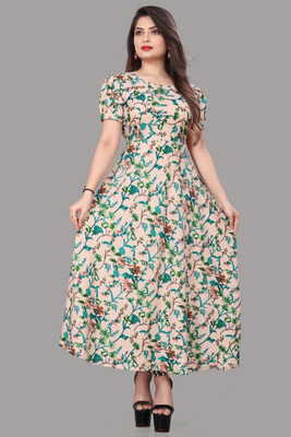BENIXA TEXTILE Women Fit and Flare Beige Maxi/Full Length Dress