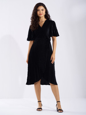 AASK Women Fit and Flare Black Below Knee Dress