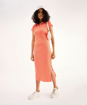 SASSAFRAS Women Bodycon Orange Midi/Calf Length Dress