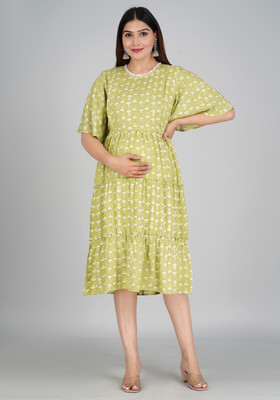 DSROOPA Women A-line Beige, Light Green Midi/Calf Length Dress