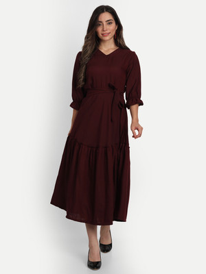 PIRUZA Women Fit and Flare Maroon Midi/Calf Length Dress