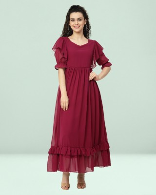 MISS AYSE Women Fit and Flare Maroon Dress