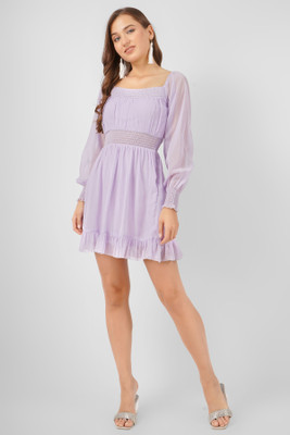 Wownoon Women Fit and Flare Purple Above Knee/Mid Thigh Length Dress