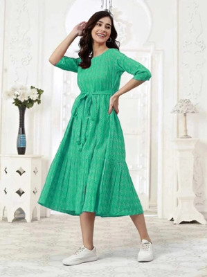 LUKI Women Fit and Flare Green Midi/Calf Length Dress