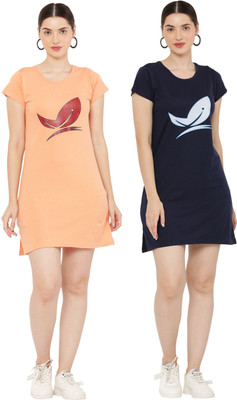 PREE GOO Women Ethnic Dress Orange, Dark Blue Above Knee/Mid Thigh Length Dress