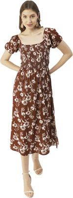 moomaya Women A-line Brown, White Midi/Calf Length Dress