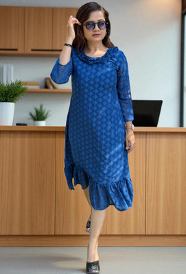 Bhanderi Creation Women A-line Blue Midi/Calf Length Dress
