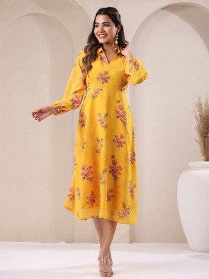 Janasya Women A-line Yellow Midi/Calf Length Dress