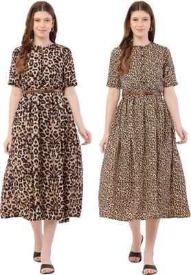 Mamnoon Women Fit and Flare Brown, Blue Midi/Calf Length Dress