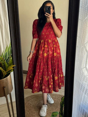 Assamica Women Fit and Flare Maroon Midi/Calf Length Dress