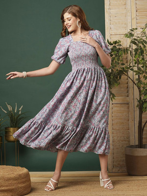 Moda Rapido Women Fit and Flare Blue Below Knee Dress