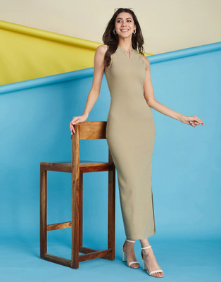 Selvia Women Bodycon Beige Midi/Calf Length Dress