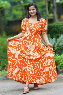 KASHVICLOTHS Women Maxi Orange Full Length Dress