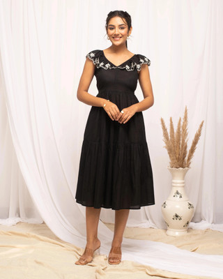 FIORRA Women Fit and Flare Black Midi/Calf Length Dress