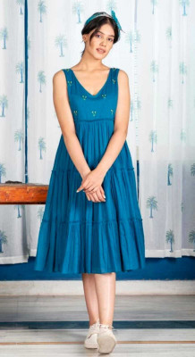 DRAPE AND DAZZLE Women Fit and Flare Blue Midi/Calf Length Dress