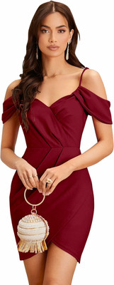 HEMANG FASHION Women Bodycon Maroon Above Knee/Mid Thigh Length Dress