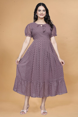Qena Women Fit and Flare Pink Midi/Calf Length Dress