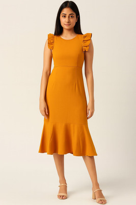 Riddhisworld Women Ethnic Dress Yellow Below Knee Dress