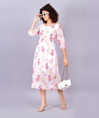 JC4U Women Fit and Flare White Midi/Calf Length Dress