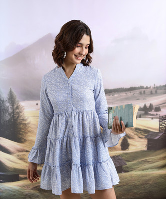 Tokyo Talkies Women Tiered Blue Above Knee/Mid Thigh Length Dress