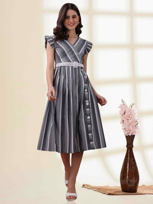 TextileNow Women Fit and Flare Grey Midi/Calf Length Dress