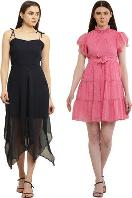 Hunoor Women High Low Black, Pink Knee Length Dress