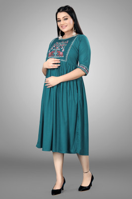 ShopGlobal Women A-line Green Midi/Calf Length Dress