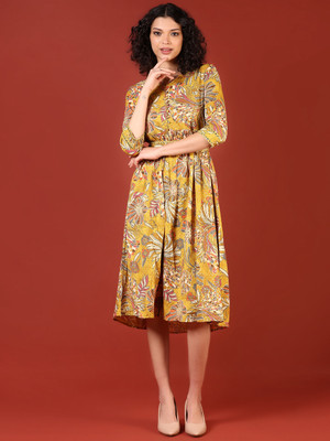V-MART Women A-line Yellow Midi/Calf Length Dress