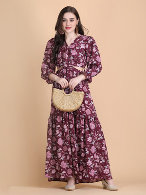 amar fashion Women Fit and Flare Purple Maxi/Full Length Dress