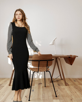 KI STUDIO Women Bodycon Black, White Midi/Calf Length Dress