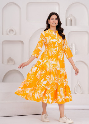 Avigat Women Gown Yellow Knee Length Dress