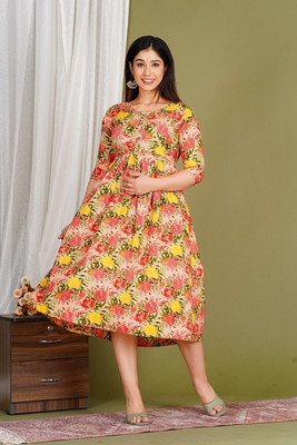 aashub Women Gown Orange Ankle Length Dress