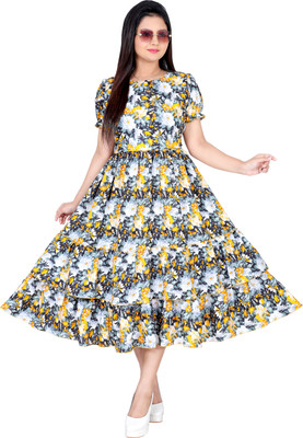 LENYRUIZ Women Fit and Flare Yellow Midi/Calf Length Dress