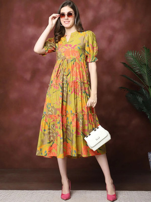 JIGMAN Women Fit and Flare Yellow Midi/Calf Length Dress